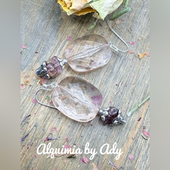 Acrylic and strawberry quartz statement silver earrings - Picture 1 of 1